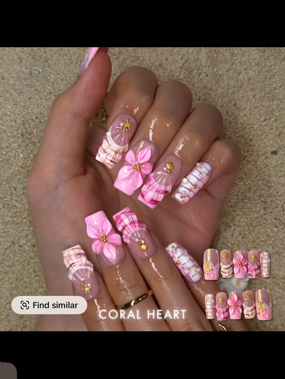 Nailphoria Coral Heart Pink Floral Acrylic Press-On Nails